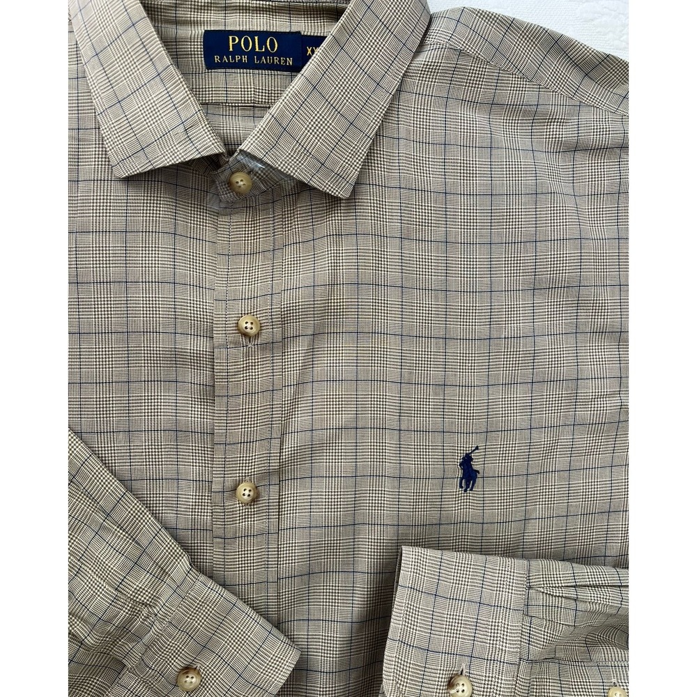 Polo Ralph Lauren Shirt Mens XXL Brown Houndstooth Plaid Cotton Long Sleeve Pony